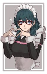 1girl alternate_costume bespectacled blue_eyes breasts closed_mouth female_byleth_(fire_emblem) fire_emblem fire_emblem:_three_houses glasses green_hair hair_between_eyes hands_up heart heart_hands highres large_breasts long_hair maid maid_headdress nintendo red-framed_eyewear smile solo upper_body white_wrist_cuffs wrist_cuffs zuzu_(ywpd8853)