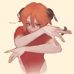 1girl blue_eyes bun_cover china_dress chinese_clothes covered_mouth double_bun dress fighting_stance gintama hair_between_eyes hair_bun hands_up highres kagura_(gintama) looking_at_viewer orange_hair patison231 red_dress short_hair short_sleeves solo upper_body yellow_background
