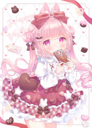 1girl animal_ear_fluff animal_ears bat_hair_ornament black_bow blush bow carrot_hair_ornament chocolate collared_shirt commentary_request covered_mouth cowboy_shot dated double_bun drawn_food drawn_strawberry earrings food food-themed_bag food-themed_clothes food-themed_hair_ornament frilled_skirt frills gold_earrings hair_bow hair_bun hair_ornament heart heart_earrings highres holding holding_food jewelry long_hair long_sleeves looking_at_viewer name_tag omochi_monaka original pink_eyes pink_hair puffy_long_sleeves puffy_sleeves rabbit_ears red_bow red_ribbon red_skirt ribbon shirt signature skirt solo standing twintails valentine very_long_hair white_shirt