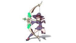 1girl archery boots bow brown_hair emiladylbekuulu hat kagari_atsuko legs little_witch_academia long_hair non-web_source red_eyes shiny_rod_(little_witch_academia) skirt studio_trigger trigger_(company) witch_hat