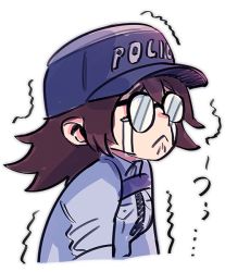 1girl astral_chain baseball_cap black_hair glasses hat kimura_hajime marie_wentz official_art police police_uniform short_hair t_t transparent_background trembling