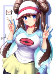 1girl black_pantyhose blue_eyes blush breasts brown_hair double_bun female_focus gen_1_pokemon hair_bun highres krabby large_breasts low_twintails medium_breasts mokufuu nintendo pantyhose pantyhose_under_shorts pokemon pokemon_(creature) pokemon_bw2 rosa_(pokemon) shorts smile solo twintails visor_cap
