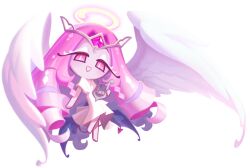 1girl angel angel_wings bright_pupils cookie_run cookie_run:_kingdom crown curly_hair demon_tail dress eternal_sugar_cookie full_body game_cg gem halo harp highres holding holding_harp instrument long_eyelashes long_hair looking_at_viewer official_art pink_eyes pink_gemstone pink_hair ringlets simple_background solo tail third-party_source traditional_halo transparent_background very_long_hair white_dress white_pupils white_wings wings