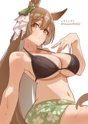 1girl absurdres animal_ears artist_name bikini black_bikini breasts brown_hair cleavage closed_mouth collarbone commentary cowboy_shot floral_print floral_print_shorts green_shorts highres horse_ears horse_girl large_breasts long_hair mugichazuki navel print_shorts satono_diamond_(umamusume) short_sleeves shorts simple_background smile solo split_mouth stomach strap_gap swimsuit twitter_username umamusume underboob white_background