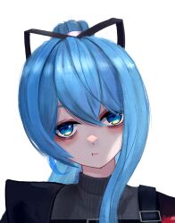 Rule 34 | 1girl, :t, absurdres, bags under eyes, black ribbon, blue eyes, blue hair, closed mouth, collared shirt, grey sweater, hair between eyes, hair ribbon, high ponytail, highres, hololive, hoshimachi suisei, long hair, looking at viewer, ponytail, ribbon, shirt, simple background, single sidelock, solo, sweater, thefatum, virtual youtuber, white background