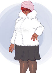 1girl 1shermieaday coat curvy dark-skinned_female dark_skin dress earrings female_focus fluffy hat heart jewelry long_hair nail_polish pantyhose red_hair shermie_(kof) skirt smile smiley_face standing tan the_king_of_fighters thick_lips thick_thighs thighs wide_hips