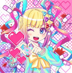 1girl ;d arisawa_mizuki blonde_hair blood blood_splatter blue_bow blue_eyes blue_hair blue_shirt blunt_bangs bow chouzetsusaikawa_tenshi-chan commentary_request hair_bow hands_up heart heart_hands highres long_hair long_sleeves looking_at_viewer multicolored_hair nail_polish needy_girl_overdose one_eye_closed open_mouth pill pink_background pink_bow pink_hair pixel_heart purple_bow quad_tails shirt sign smile solo upper_body warning_sign window_(computing) yellow_bow