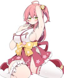 1girl absurdres ahoge armpits bell blush breasts floral_print flower frilled_thigh_strap green_eyes hair_bell hair_ornament highres hololive japanese_clothes kuma_no_bansoukou large_breasts looking_at_viewer miko pink_hair sakura_miko sakura_miko_(1st_costume) sideboob simple_background thick_thighs thigh_strap thighs virtual_youtuber white_background
