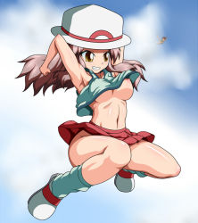 Rule 34 | 1boy, 1girl, breasts, brock (pokemon), brown eyes, clenched teeth, creatures (company), full body, game freak, gradient background, green (pokemon), hat, long hair, midriff, navel, nintendo, nipple slip, nipples, no bra, ossannoa, outdoors, pokemon, skirt, sky, smile, teeth, white background