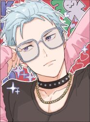 1boy black_shirt blue_hair chain chain_necklace frown glasses gold_necklace head_tilt idolmaster idolmaster_side-m jewelry kuzunoha_amehiko looking_to_the_side male_focus necklace outline portrait purple_eyes red_background shirt short_hair solo studded_choker white_outline zbzb_sea