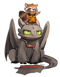 2boys animal_ears artist_name black_fur black_scales chibi chibi_only dragon_tail dragon_wings fangs furry furry_male green_eyes guardians_of_the_galaxy how_to_train_your_dragon_(series) kadeart looking_at_another looking_to_the_side looking_up male_focus marvel marvel_cinematic_universe multiple_boys open_mouth orange_suit pointing raccoon_boy raccoon_ears raccoon_tail rocket_raccoon sitting slit_pupils smile standing_on_another&#039;s_head tail toothless whiskers white_background white_fur wings