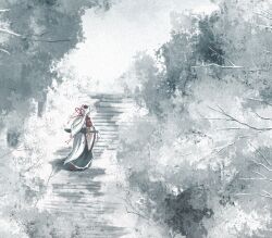 1girl animal_ears architecture bare_tree cropped day detached_sleeves from_above from_behind hair_ribbon hat hat_tassel hill inubashiri_momiji long_skirt mountain_of_faith nature oubachiago procreate_(medium) ribbon scenery skirt snow solo stairs stone_stairs sword sword_on_back sword_tassel tail tokin_hat touhou tree walking weapon weapon_on_back winter wolf_ears wolf_girl wolf_tail