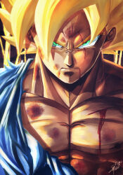 Rule 34 | 1boy, abs, artist name, blonde hair, blood, blood on mouth, blood on pectorals, blue shirt, bruise, closed mouth, cloud, commentary request, dark clouds, dragon ball, dragonball z, green eyes, highres, injury, kamiyama sumu, lightning, long bangs, male focus, medium hair, muscular, muscular male, nose, pectorals, serious, shirt, signature, solo, son goku, spiked hair, super saiyan, super saiyan 1, torn clothes, torn shirt, v-shaped eyebrows, veiny neck