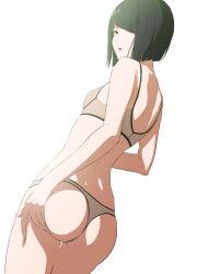 Rule 34 | 1girl, absurdres, ass, black hair, bob cut, bra, breasts, diagonal bangs, grabbing own ass, grey bra, grey panties, hair over one eye, highres, kakitama, lipstick, looking at viewer, makeup, original, panties, parted lips, short hair, small breasts, sports bra, thong, underwear, white background