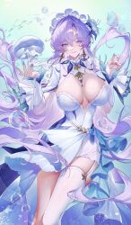 1girl artist_name blue_flower breasts bubble cantarella_(wuthering_waves) commentary cowboy_shot dress earrings facial_mark fingernails flower hair_flower hair_ornament hand_up headdress highres jellyfish jewelry large_breasts long_hair looking_at_viewer mark_under_eye nail_polish purple_eyes purple_nails rinshu_cg shrug_(clothing) solo thighs very_long_hair white_dress white_shrug wuthering_waves