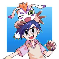 Rule 34 | black eyes, blue background, blue hair, border, digimon, digimon (creature), digimon adventure, digivice, fangs, gomamon, green eyes, highres, kido jo, megane mochi, on head, one eye closed, red hair, shirt, simple background, sweater, upper body, white border, white fur, white shirt, white sweater