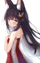 Rule 34 | 1girl, :o, absurdres, animal ear fluff, animal ears, azur lane, bare shoulders, bird hair ornament, black hair, blunt bangs, blush, breasts, chinese commentary, commentary request, dress, fox ears, fox girl, hair ornament, hamiro, highres, long hair, looking at viewer, looking back, nagato (azur lane), open mouth, parted lips, red dress, short dress, sidelocks, simple background, small breasts, solo, straight hair, strapless, strapless dress, white background, yellow eyes