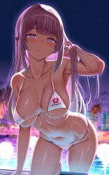 1girl alice_gear_aegis bare_shoulders bikini blush breasts building city closed_mouth collarbone commission fatima_betrorum highres large_breasts long_hair looking_at_viewer navel night palm_tree pink_eyes pink_hair pink_lips pool skeb_commission sky solo star_(sky) starry_sky stomach swimsuit thighs tree water white_bikini zukky