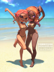 2girls adversarial_noise arm_around_waist arm_up bare_legs barefoot beach biahnyang bikini blue_sky breasts cleavage dark-skinned_female dark_skin drill_hair gold_bikini highres inkling_girl inkling_player_character knee_up large_breasts looking_at_viewer multiple_girls nintendo ocean octoling_girl octoling_player_character orange_hair pendant_choker pink_hair shiny_swimsuit sky small_breasts smile splatoon_(series) suction_cups swimsuit tentacle_hair thighs