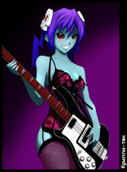 bare_shoulders corset creepy-tan guitar highres instrument purple_hair red_eyes rickenbacker ru-chans russian_text skull tagme thighhighs