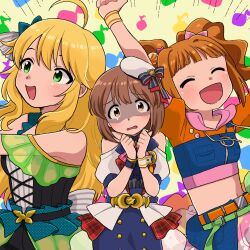 3girls ahoge aqua_bow arm_up belt beret black_dress blonde_hair blue_bow blue_wrist_cuffs bow brown_eyes brown_hair clenched_hands clothing_cutout commentary_request cropped_hoodie drawstring dress furrowed_brow green_eyes hagiwara_yukiho hair_bow hair_flaps hands_up hat hat_bow highres hood hood_down hoodie hoshii_miki idolmaster idolmaster_(classic) long_hair looking_at_viewer medium_hair midriff multiple_girls naruse_ill navel open_mouth orange_belt orange_hoodie pink_bow polka_dot polka_dot_bow puffy_short_sleeves puffy_sleeves shaded_face short_sleeves shoulder_cutout sidelocks smile takatsuki_yayoi tearing_up twintails white_dress white_hat white_wrist_cuffs wrist_cuffs wristband yellow_background