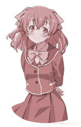 ! 1girl arms_behind_back bow bowtie closed_mouth cowboy_shot delicious_party_precure dress_shirt greyscale hair_ribbon highres jacket kazuma_muramasa long_sleeves looking_at_viewer medium_hair miniskirt monochrome nagomi_yui pleated_skirt precure ribbon school_uniform shinsen_middle_school_uniform shirt skirt smile solo standing two_side_up wing_collar