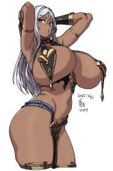 1girl armlet armpits arms_up breast_curtains breasts dark-skinned_female dark_skin dated elf grey_eyes highres houtengeki huge_breasts jewelry long_hair looking_at_viewer navel original parted_lips pelvic_curtain pointy_ears simple_background solo thighs white_background white_hair