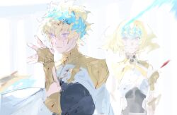 1boy 1girl armor blonde_hair blood blood_on_clothes blood_on_face blood_on_hands bracer brother_and_sister castor_(fate) collar fate/grand_order fate_(series) highres metal_collar pollux_(fate) purple_eyes robe shoulder_armor siblings sketch twins uda_(xax_057) white_robe