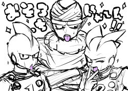 3boys android belt brothers cape cunnilingus_gesture dolphin_boy dougi dragon_ball dragon_ball_super dragon_ball_super_super_hero facing_viewer fins from_front from_side frown furrowed_brow gamma_1 gamma_2 gloves greyscale hand_up head_fins highres jacket lineart long_sleeves looking_at_another looking_at_viewer male_focus monochrome multiple_boys no_eyebrows number_print obata2nd one_eye_closed open_mouth piccolo pointy_ears siblings simple_background sketch sleeveless smile sparkle teeth tongue tongue_out translation_request turban turtleneck turtleneck_jacket twins upper_body upper_teeth_only v wink