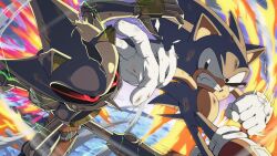 Rule 34 | 2boys, animal ears, banel springer, battle, black eyes, crack, electricity, fang, fire, gloves, hedgehog boy, highres, metal sonic, multiple boys, nose, red eyes, red shoes, scratches, shoes, sonic (series), sonic the hedgehog, sonic the hedgehog (classic), sonic the hedgehog (ova), tail, white gloves