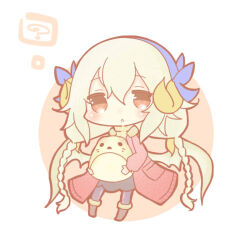 Rule 34 | 1girl, ?, black skirt, blue hairband, boots, braid, brown eyes, chibi, coat, demon girl, demon horns, demon wings, emil chronicle online, hairband, homurabi, horns, lowres, lucifero lore, red coat, simple background, skirt, thighhighs, white hair, white wings, wings