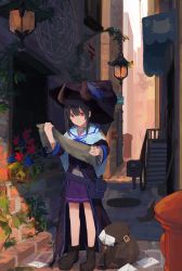 1girl animal_print backpack bag black_boots black_hair boots brick capelet cat_print closed_mouth day demon_horns door envelope fantasy female_focus fire_hydrant hat highres holding horns lamp lantern long_coat magic_circle mailbox makihitsuji map orange_eyes original outdoors paw_print pleated_skirt pouch purple_skirt skirt solo stairs standing witch_hat