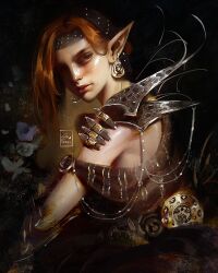 Rule 34 | artist name, commentary, earrings, elf, english commentary, gold earrings, hand on own arm, highres, jewelry, one eye in shadow, orange hair, original, painterly, pointy ears, sebijy