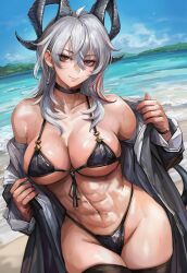 abs beach bikini black_horns blue_sky breasts cloud cowboy_shot curled_horns dutch_angle earrings grey_hair highres horns jewelry kalpaklin key_earrings large_breasts muscular muscular_female open_clothes red_eyes sky swimsuit thighs undressing water wuthering_waves zani_(wuthering_waves)