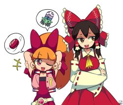Rule 34 | 1boy, 2girls, arms behind head, artist logo, ascot, bare shoulders, belt, blossom (ppg), bow, brown eyes, brown hair, color connection, colored skin, commentary, cropped jacket, crossover, detached sleeves, dushiido, earrings, english commentary, frilled bow, frilled hair tubes, frills, green skin, hair bow, hair tubes, hakurei reimu, highres, jacket, jewelry, logo, mojo jojo, monkey, multiple girls, nontraditional miko, one eye closed, open clothes, open jacket, open mouth, pink eyes, powerpuff girls, red bow, red hair, red skirt, ribbon-trimmed sleeves, ribbon trim, simple background, skirt, speech bubble, tongue, tongue out, touhou, white background, x x, yellow ascot, yo-yo