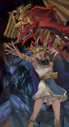 1boy absurdres ancient_egyptian ancient_egyptian_clothes ankh armlet atem bare_shoulders black_hair blonde_hair bracelet commentary_request dark-skinned_male dark_skin duel_monster colored_bangs earrings eye_of_horus highres jewelry male_focus millennium_puzzle multicolored_hair obelisk_the_tormentor open_mouth osiris_the_sky_dragon purple_eyes purple_hair sleeveless spiked_hair teeth the_winged_dragon_of_ra upper_teeth_only uuu_ygo yu-gi-oh! yu-gi-oh!_duel_monsters