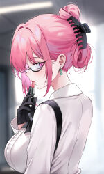 1girl alternate_hairstyle applying_lipstick applying_makeup applying_own_makeup blurry blurry_background blush breasts commentary cosmetics earrings from_behind glasses highres holding holding_lipstick_tube hourglass_earrings jewelry large_breasts lipstick_tube ompf pink_eyes pink_hair shirt smile solo tsukishiro_yanagi upper_body white_shirt zenless_zone_zero