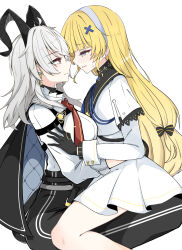 2girls black_choker black_gloves black_horns black_pants blonde_hair blush breasts chest_harness choker closed_mouth commentary curled_horns earrings eye_contact from_side gloves grey_hair hair_ornament harness highres horns jewelry key_earrings large_breasts light_smile long_hair long_sleeves looking_at_another multiple_girls necktie pants phoebe_(wuthering_waves) purple_eyes red_eyes red_necktie shirt shirt_tucked_in simple_background sitting sitting_on_lap sitting_on_person skirt sweatdrop white_background white_shirt white_skirt wuthering_waves x_hair_ornament yuri zani_(wuthering_waves) zero_3b