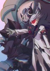 1boy armband black_shirt closed_mouth coat creatures_(company) donphan from_side fur-trimmed_coat fur_trim game_freak gen_2_pokemon gen_4_pokemon gen_5_pokemon gen_6_pokemon gloves grey_hair highres hoopa hoopa_(confined) krookodile lear_(pokemon) legendary_pokemon long_sleeves male_focus mugitarou mythical_pokemon necktie nintendo outstretched_arm pants pokemon pokemon_(creature) pokemon_masters_ex red-tinted_eyewear red_neckwear shirt short_hair smile spiked_hair staraptor sunglasses tinted_eyewear white_coat white_pants