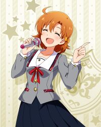 1girl :d ahoge black_skirt breasts buttons closed_eyes collar collarbone cowboy_shot dot_nose flipped_hair forehead grey_serafuku grey_shirt hair_ribbon holding holding_microphone idolmaster idolmaster_million_live! idolmaster_million_live!_theater_days junior_high_schoolmate_(idolmaster) light_blush long_sleeves microphone music neck_ribbon official_alternate_costume official_art open_mouth orange_hair orange_ribbon parted_bangs plaid_clothes plaid_collar pleated_skirt pointing pointing_up red_ribbon ribbon school_uniform serafuku shirt short_hair singing skirt small_breasts smile solo star_(symbol) star_symbol_background white_collar yabuki_kana
