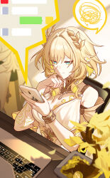Rule 34 | 1girl, absurdres, aglaea (honkai: star rail), ancient greek clothes, breast tattoo, breasts, chair, chinese commentary, cleavage, commentary request, computer keyboard, dress, gold tattoo, greco-roman clothes, green eyes, hapwind, highres, holding, holding phone, honkai: star rail, honkai (series), indoors, large breasts, laurel crown, on chair, phone, short hair, sitting, solo, spoken squiggle, squiggle, tattoo, white dress, yellow nails