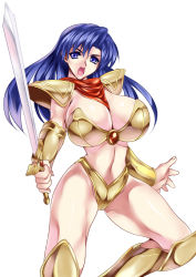 1girl alternate_breast_size armor asou_yuuko bikini_armor blue_eyes blue_hair boots breasts brooch cleavage female_focus huge_breasts jewelry knee_boots long_hair looking_at_viewer matching_hair/eyes midriff neckerchief simple_background smash_daisaku solo sword telenet_japan valis valis_sword weapon white_background
