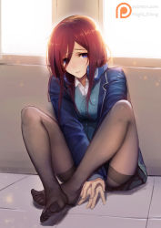 1girl black_pantyhose blush cardigan feet female_focus go-toubun_no_hanayome magic_xiang nakano_miku no_shoes pantyhose pleated_skirt purple_eyes red_hair school_uniform sitting skirt solo thighband_pantyhose thighs toes