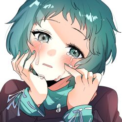1girl aqua_eyes aqua_hair crying gekkoukan_high_school_uniform hands_on_own_face highres looking_at_viewer persona persona_3 school_uniform short_hair simple_background tears turtleneck white_background yamagishi_fuuka yuyuy_00