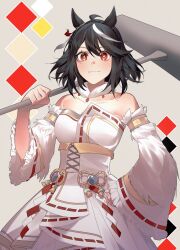 1girl ahoge animal_ears bare_shoulders black_hair braid breasts closed_mouth crown_braid detached_sleeves fur_choker hand_on_own_hip high-waist_skirt holding holding_mallet horse_ears kine kitasan_black_(jubilant_star_auspicious_crane)_(umamusume) kitasan_black_(umamusume) looking_at_viewer mallet multicolored_hair orange_eyes ribbon-trimmed_sleeves ribbon_trim shirt short_hair skirt small_breasts smile solo strapless strapless_shirt streaked_hair ukka_(0ukka_) umamusume upper_body white_shirt white_skirt