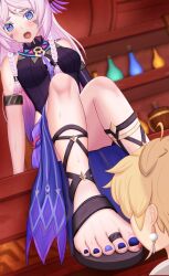 1boy 1girl absurdres aether_(genshin_impact) blue_eyes blush citlali_(genshin_impact) denokoto feet foot_worship genshin_impact highres licking_foot long_hair open_mouth pink_hair sandals toes