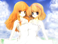 2girls alice_margatroid blonde_hair blue_eyes cloud day female_focus hairband kirisame_marisa multiple_girls rasha sky touhou