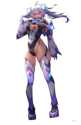 Rule 34 | 1girl, absurdres, ahoge, artist name, black gloves, black leotard, bodysuit, breasts, cleavage cutout, clothing cutout, covered navel, detached sleeves, full body, gloves, gluteal fold, hair between eyes, highleg, highleg leotard, highres, humanization, hydrasia (natsukaze shigure), impossible bodysuit, impossible clothes, large breasts, leotard, long hair, looking at viewer, magical girl, medium breasts, natsukaze shigure, original, pink eyes, purple eyes, purple hair, red eyes, signature, simple background, skin tight, skindentation, smile, solo, standing, thighhighs, thighs, twintails, underboob, underboob cutout, variant set, white background