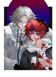 Rule 34 | 2boys, ahoge, aotsuki eito, black background, black gloves, black streaks, blood, blood on clothes, blood on face, blood on hands, blue eyes, blue jacket, breast pocket, chinese commentary, glasses, glitch, gloves, grey hair, grey jacket, hand on another&#039;s head, hand on own chest, highres, hood, hoodie, jacket, looking ahead, looking at another, male focus, multicolored hair, multicolored jacket, multiple boys, official alternate eye color, pocket, purple eyes, rakuraku (rakuraku), red hair, short hair, smile, spoilers, streaked hair, sumino takumi, the hundred line -last defense academy-, two-tone jacket, variant set, white hoodie, white jacket, yaoi