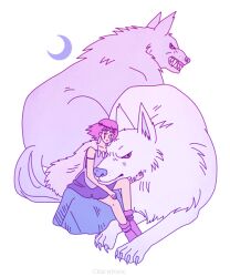 1girl animated animated_gif armlet artist_name boots brown_hair cape circlet claire_belton claws dress earrings facepaint full_body fur_cape jewelry looking_at_viewer looking_back mononoke_hime moon moro_no_ichizoku san_(mononoke_hime) short_hair sitting white_wolf wolf